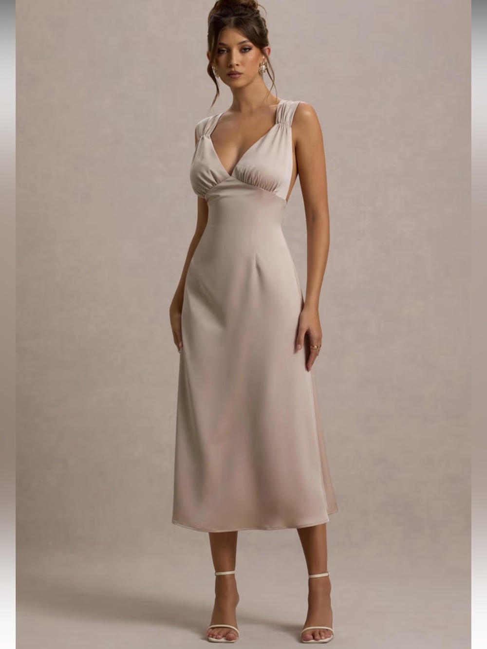 CLUB L LONDON Beck Champagne Satin Plunge-Neck Cross-Back Midi Dress Sz 8